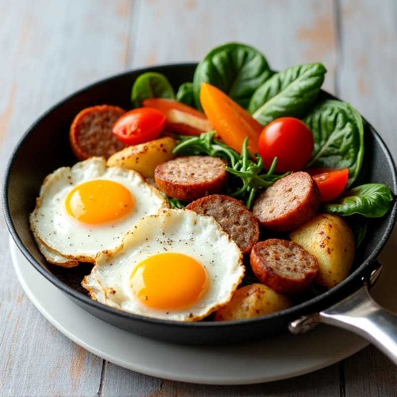 Crispy Potato and Egg Skillet with Lean Turkey Sausage and Fresh Vegetables