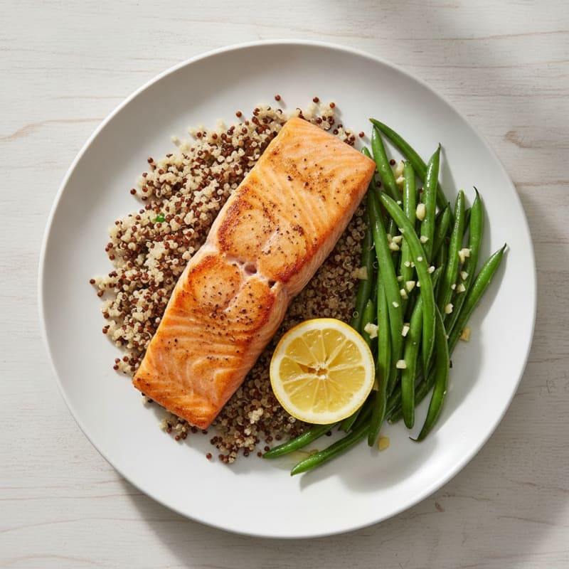 Seared Salmon Fillet with Quinoa and Garlic Green Beans