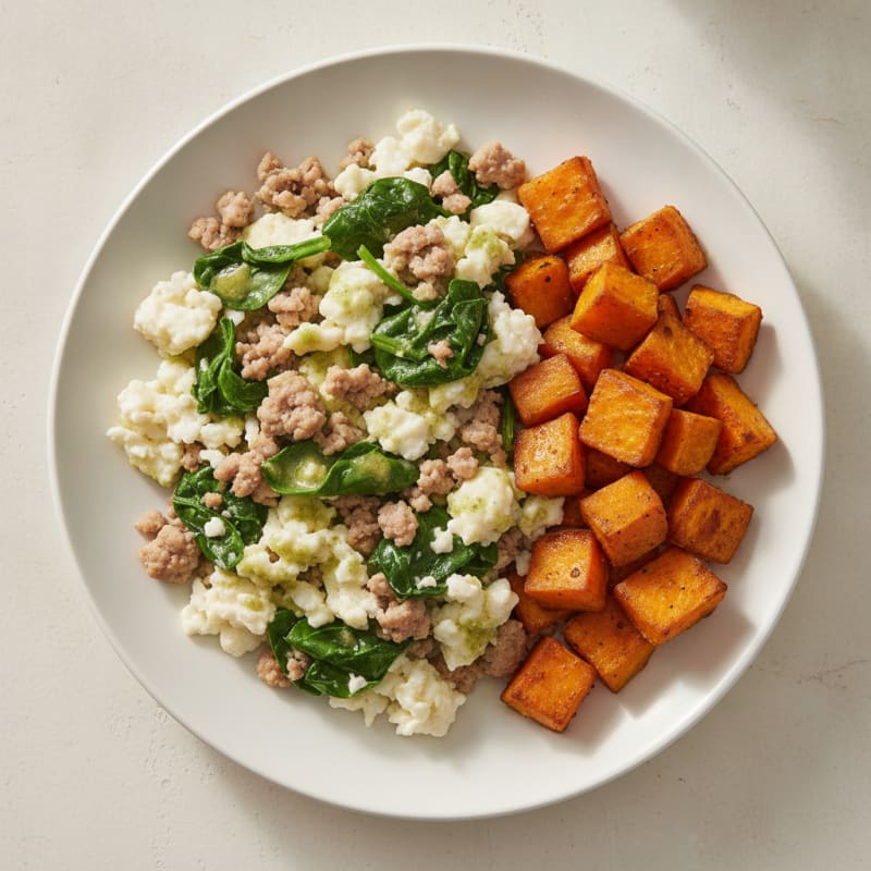 Egg White and Turkey Spinach Scramble with Roasted Sweet Potato