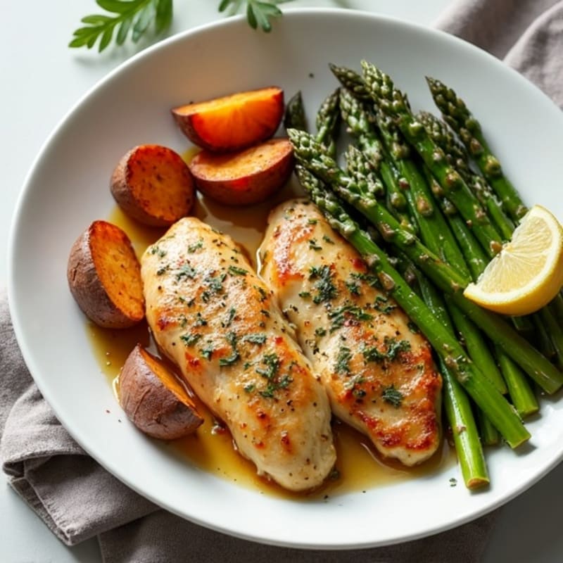 Sheet Pan Lemon Herb Chicken with Crispy Roasted Asparagus and Sweet Potatoes