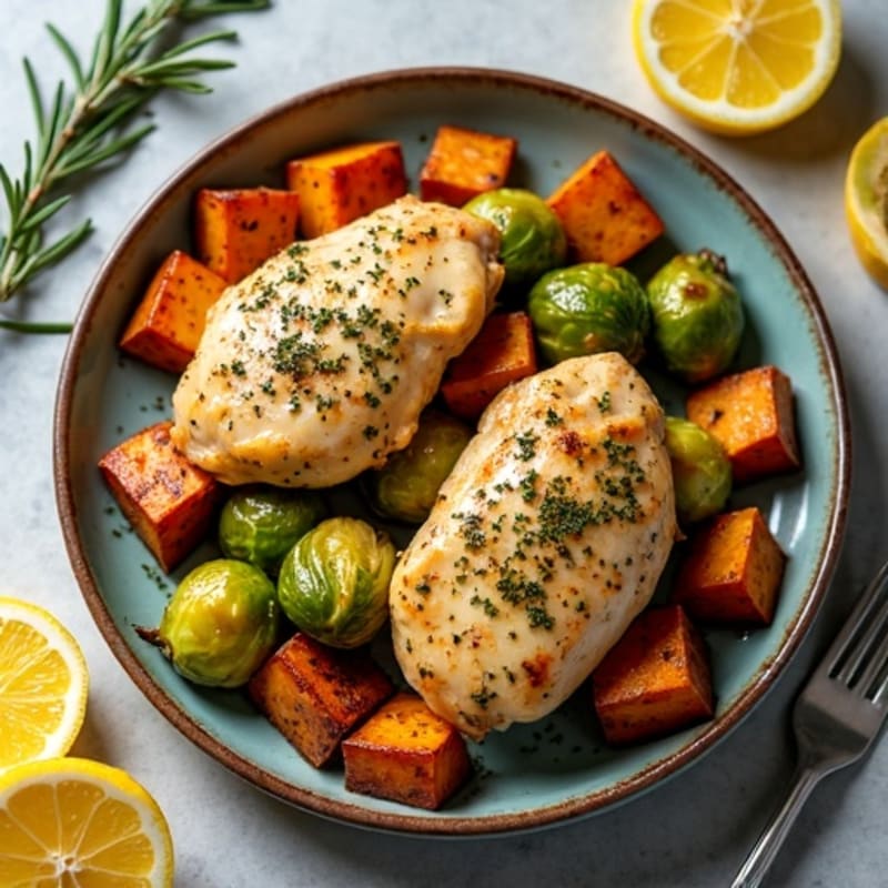 Sheet Pan Lemon-Herb Chicken with Crispy Roasted Brussels Sprouts and Sweet Potatoes