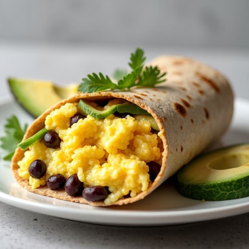 High-Protein Scrambled Egg, Black Bean, and Creamy Avocado Whole Wheat Burrito