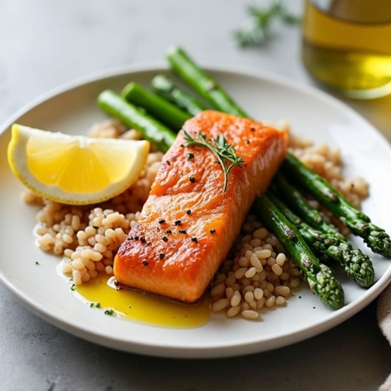 Seared Salmon with Steamed Asparagus and Brown Rice