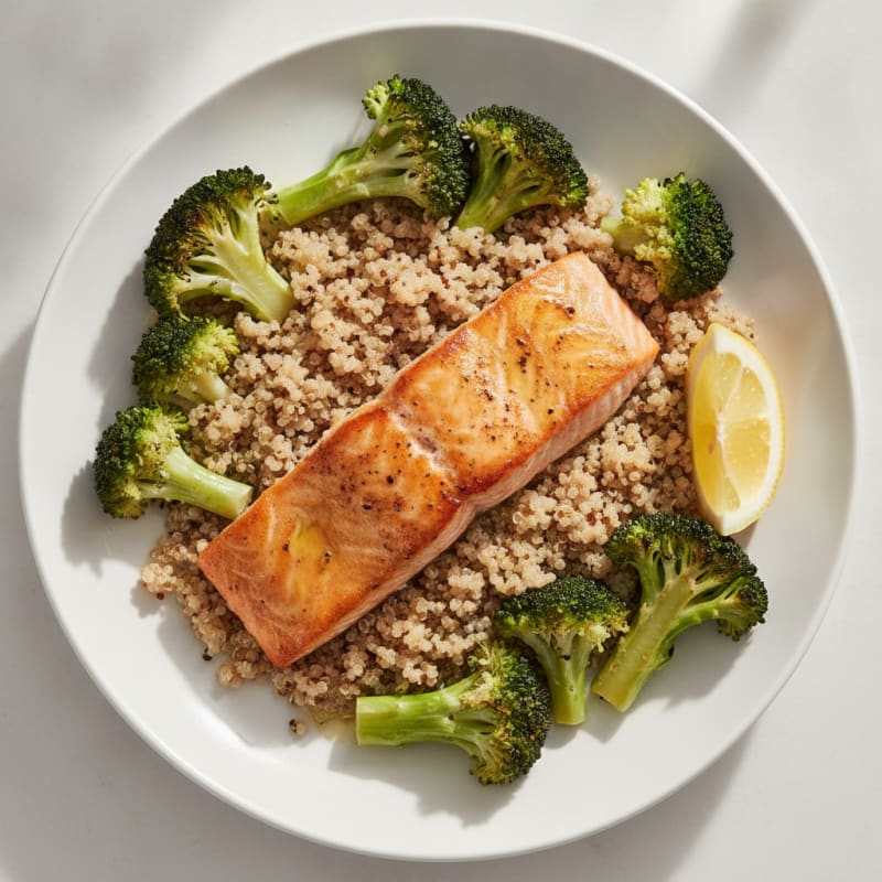 Seared Salmon Fillet with Roasted Broccoli and Quinoa