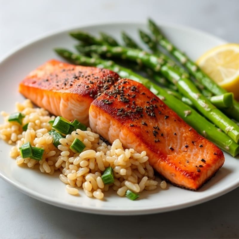 Seared Salmon Fillet with Steamed Asparagus and Brown Rice