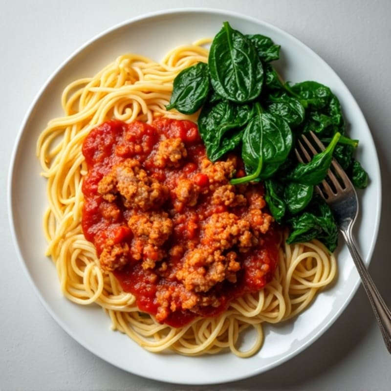 Lean Ground Turkey Spaghetti with Robust Marinara and Sautéed Greens