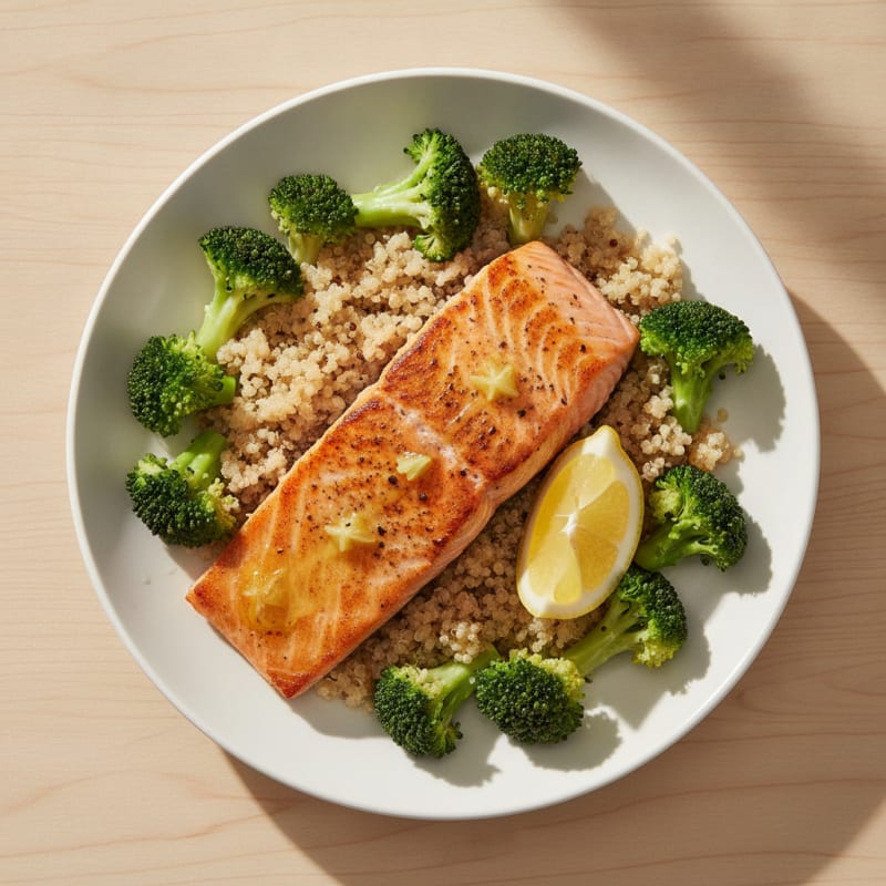 Seared Salmon with Steamed Broccoli and Quinoa