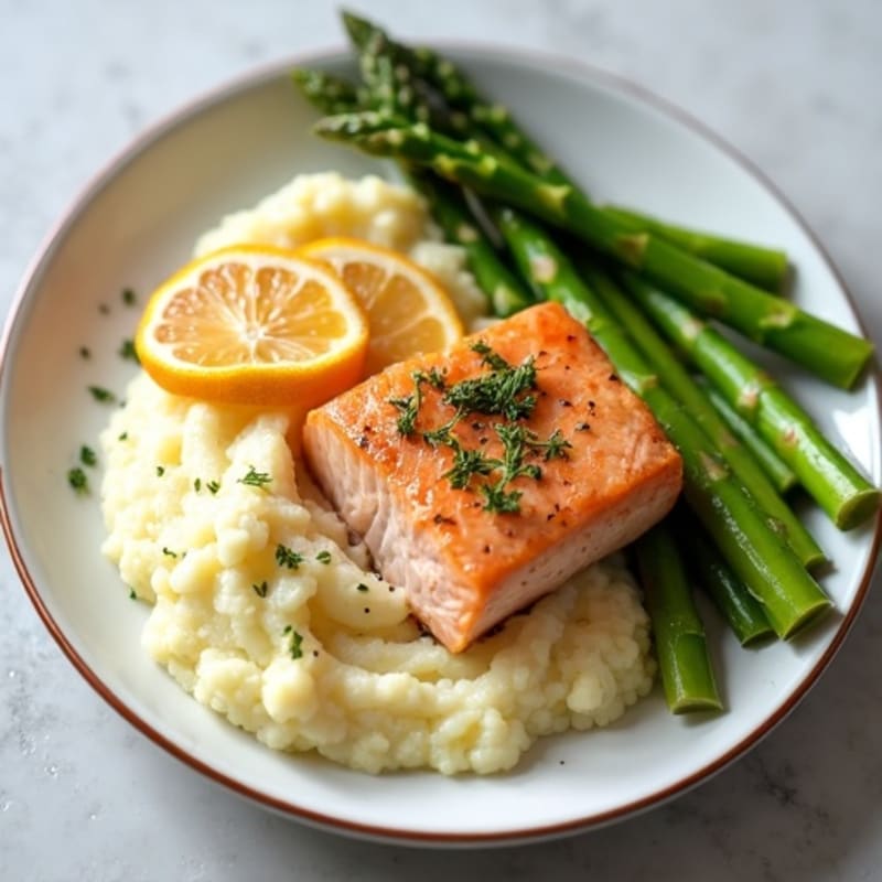 Seared Salmon with Steamed Asparagus and Cauliflower Mash
