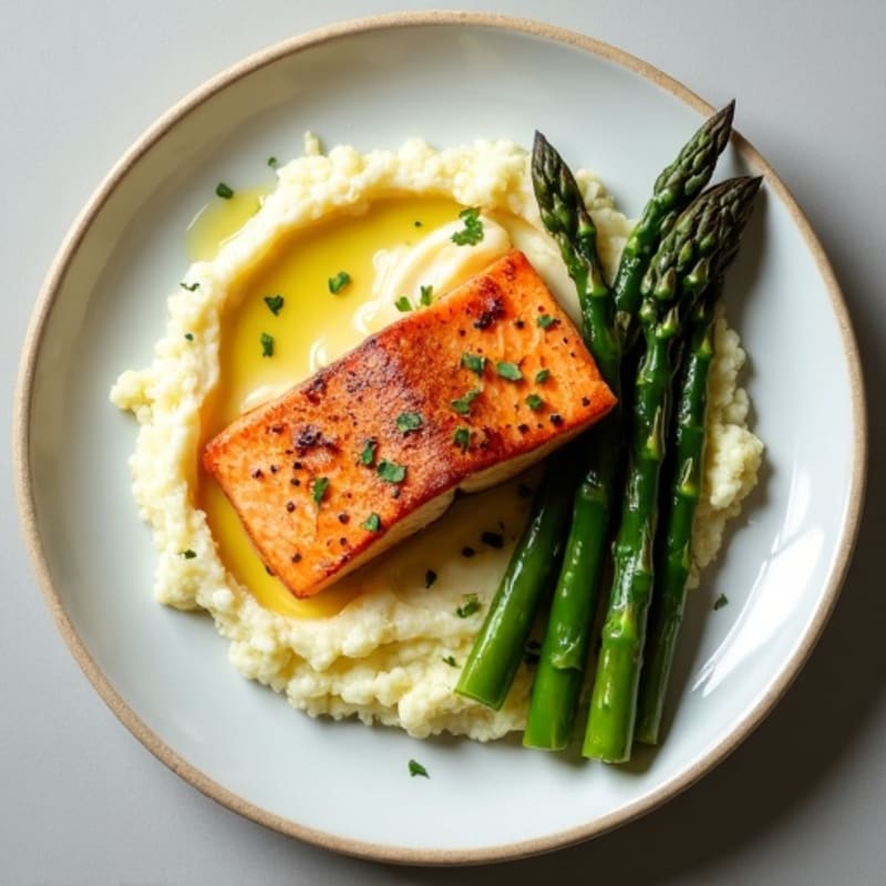 Seared Salmon with Roasted Asparagus and Garlic Cauliflower Mash