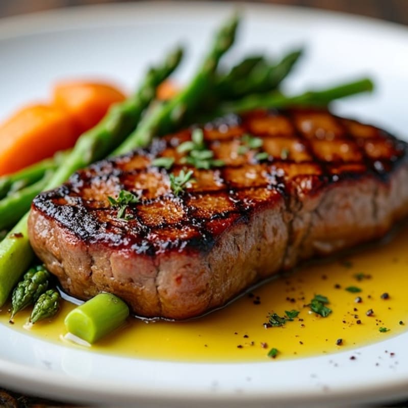Pan-Seared Sirloin Steak with Roasted Asparagus and Sweet Potato