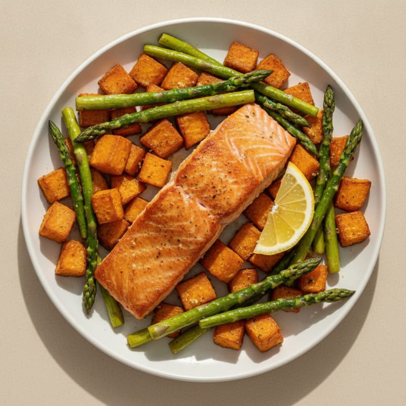 Seared Salmon with Roasted Sweet Potato and Asparagus