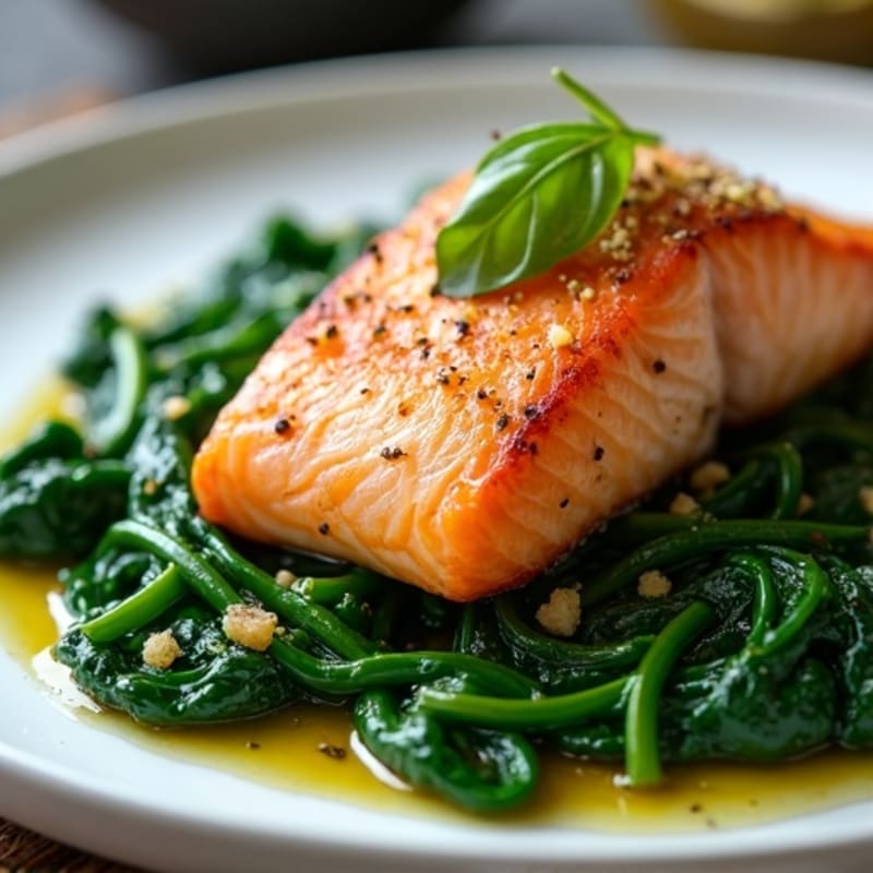 Pan-Seared Salmon with Garlic-Wilted Spinach