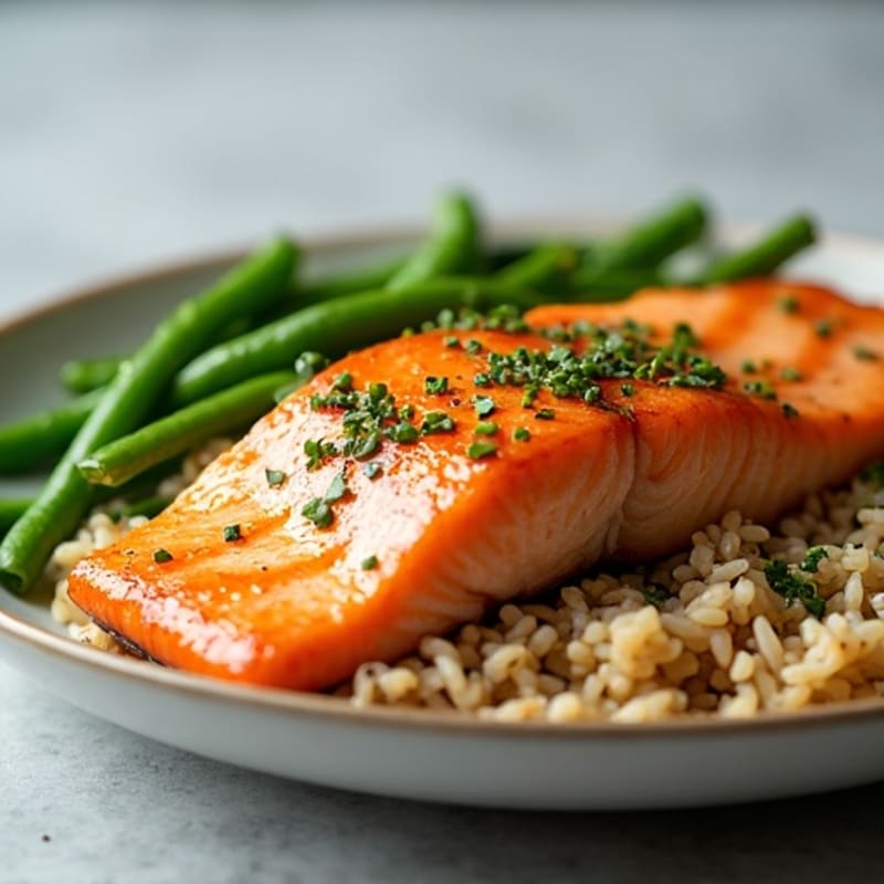 Seared Salmon with Garlic Green Beans and Brown Rice