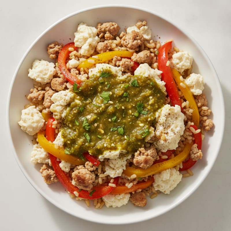 Egg White Scramble with Lean Turkey, Sautéed Peppers, and Brown Rice
