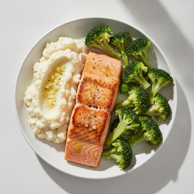 Seared Salmon with Steamed Broccoli and Garlic Mashed Cauliflower
