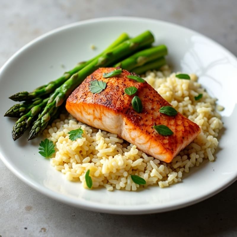 Seared Salmon with Steamed Asparagus and Lemon Herb Rice