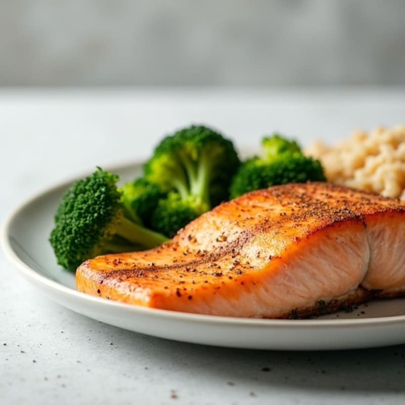 Seared Salmon Fillet with Steamed Broccoli and Brown Rice