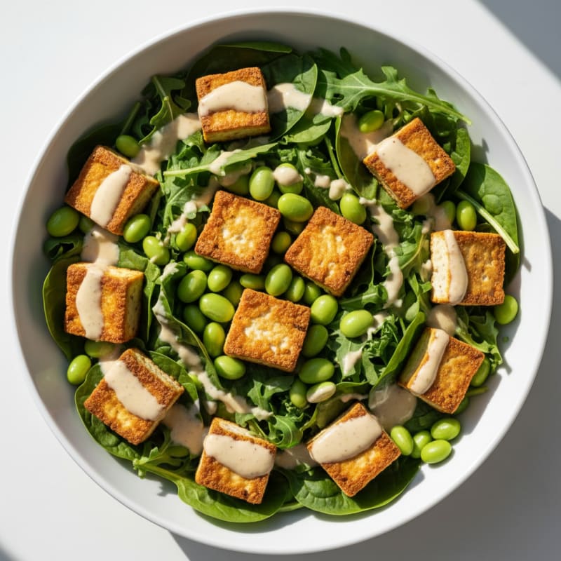 Crispy Tofu and Edamame Protein Salad with Lemon Tahini Dressing