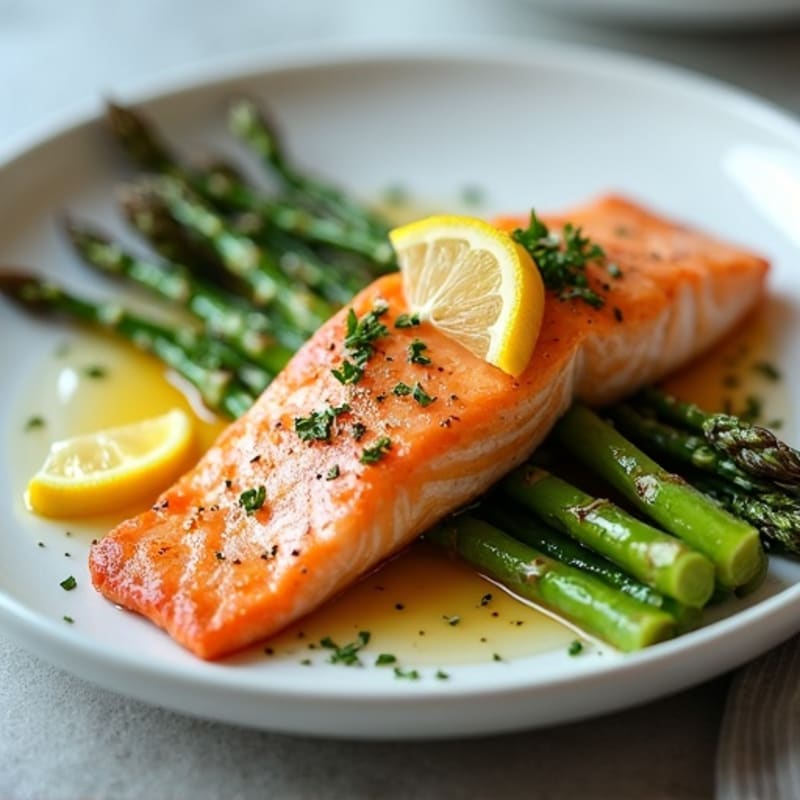 Crispy Pan-Seared Salmon with Roasted Asparagus and Lemon