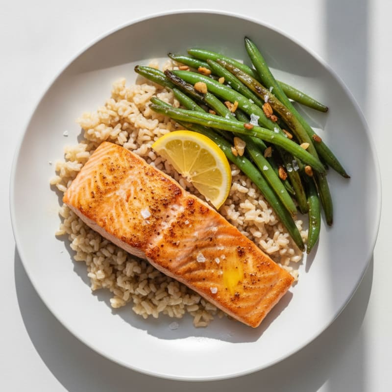 Seared Salmon Fillet with Garlic Green Beans and Brown Rice