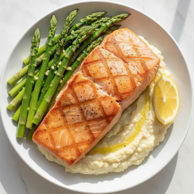 Seared Salmon with Steamed Asparagus and Cauliflower Mash