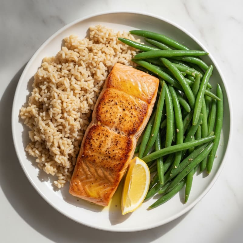 Seared Salmon with Steamed Green Beans and Brown Rice