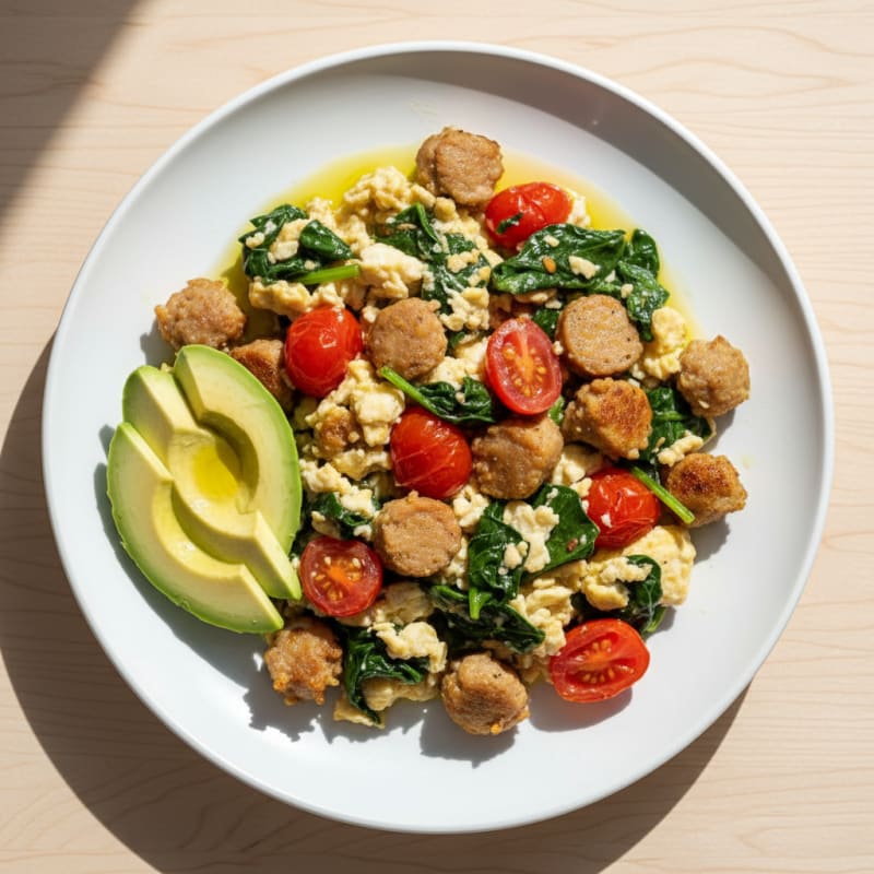 Egg White and Turkey Sausage Scramble with Spinach and Cherry Tomatoes