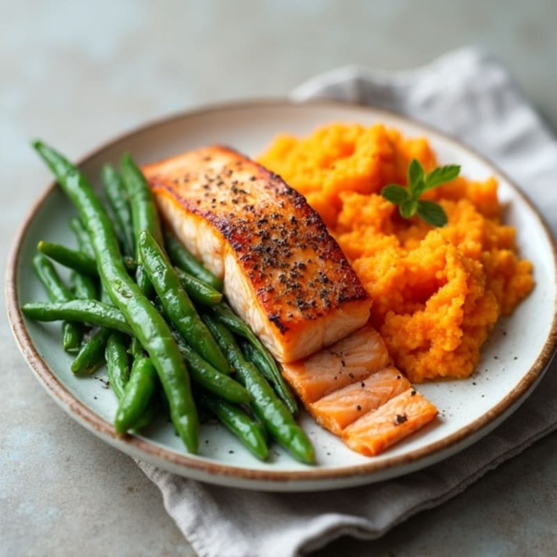 Seared Salmon Fillet with Steamed Green Beans and Sweet Potato Mash
