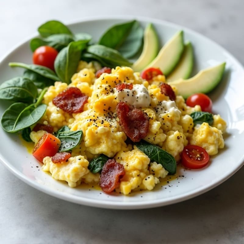 Egg White and Spinach Scramble with Cottage Cheese and Turkey Bacon