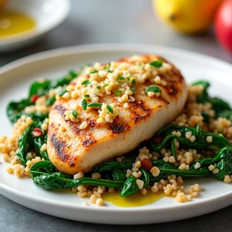 Grilled Chicken Breast with Quinoa Pilaf and Sautéed Spinach
