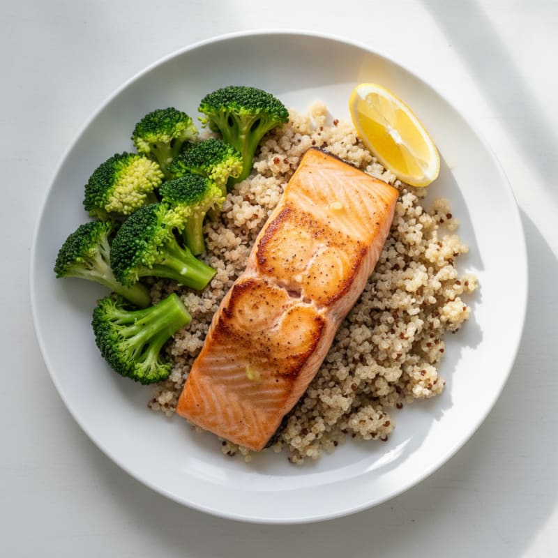 Seared Salmon Fillet with Steamed Broccoli and Quinoa