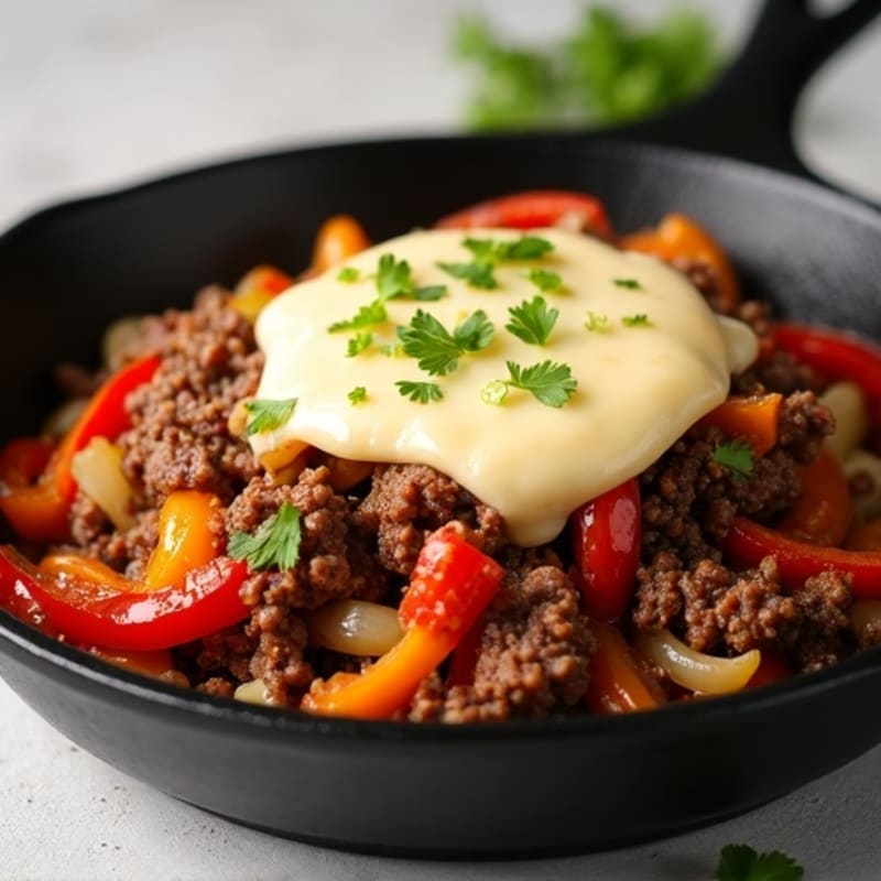 Skillet Lean Beef with Sautéed Peppers, Onions, and Creamy Provolone