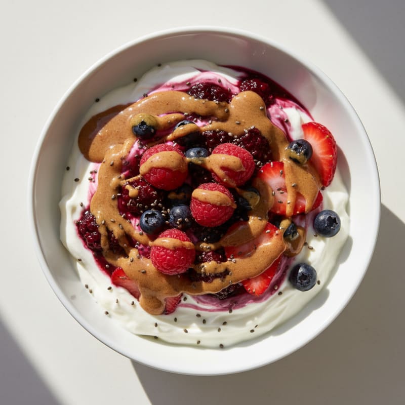 Greek Yogurt Protein Parfait with Almond Butter and Mixed Berries