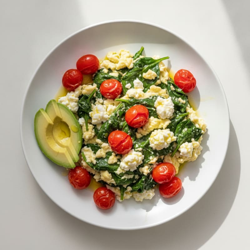 Egg White Spinach Scramble with Cottage Cheese and Cherry Tomatoes