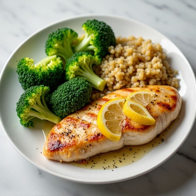 Seared Lemon Garlic Chicken Breast with Steamed Broccoli and Quinoa
