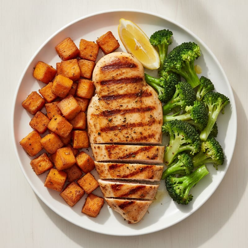 Grilled Chicken Breast with Roasted Sweet Potato and Steamed Broccoli