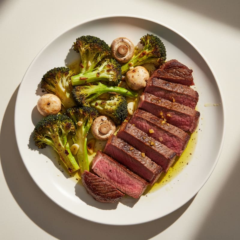 Seared Hanger Steak with Roasted Broccoli and Olive Oil Drizzle