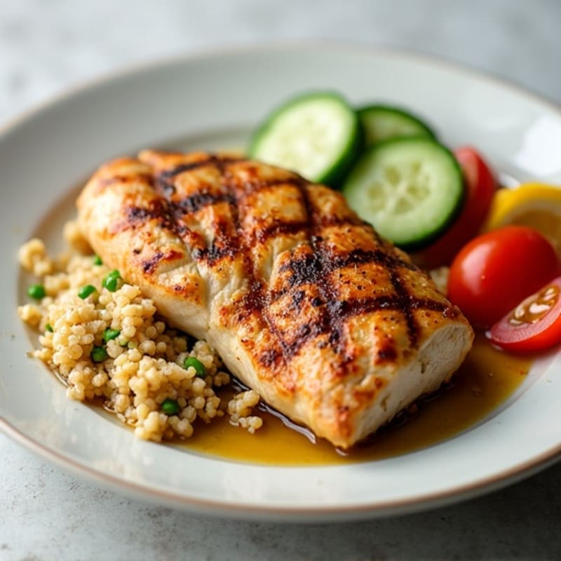 Grilled Chicken Breast with Quinoa and Fresh Tomato-Cucumber Salad