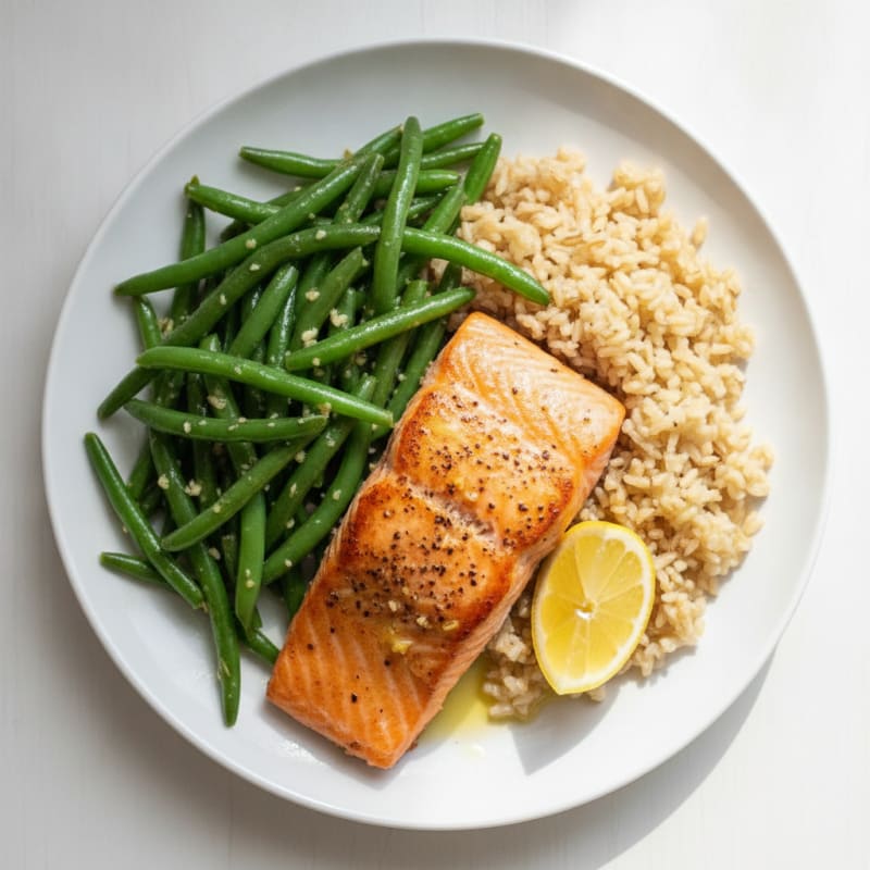 Seared Salmon Fillet with Garlic Green Beans and Brown Rice
