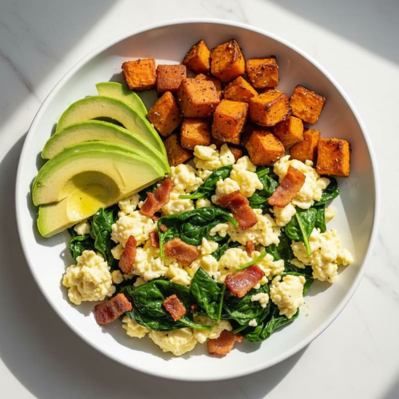 Crispy Turkey Bacon and Egg White Scramble with Sautéed Spinach