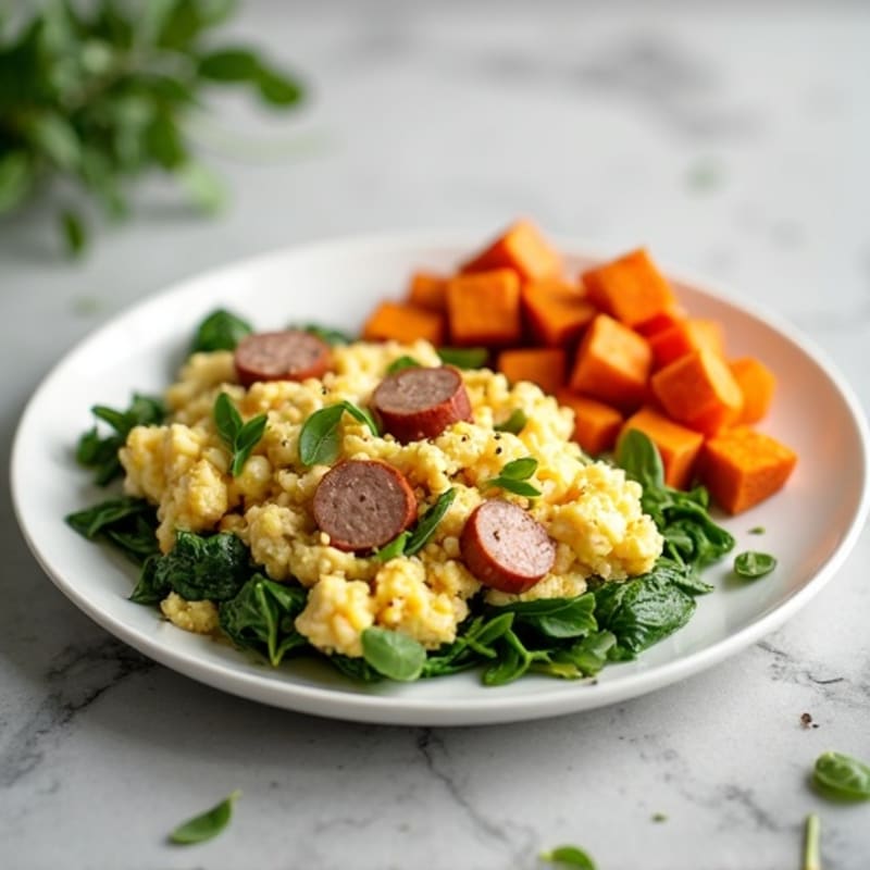 Egg White and Turkey Sausage Scramble with Spinach and Roasted Sweet Potato