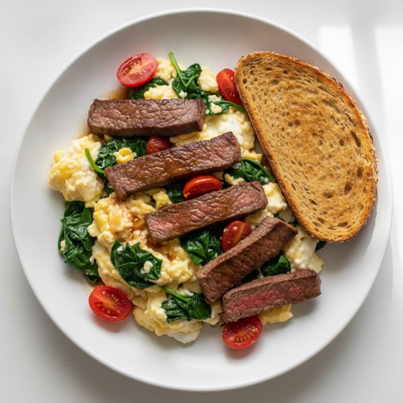 Seared Steak and Egg White Scramble with Sautéed Spinach