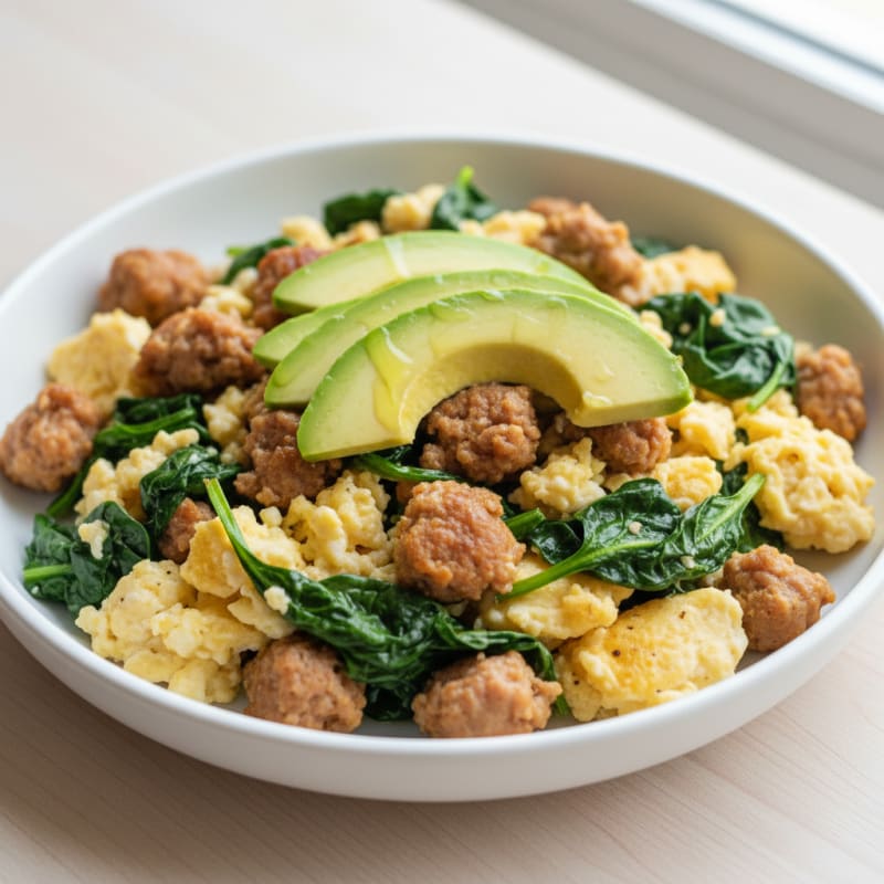 Egg White and Spinach Scramble with Turkey Sausage
