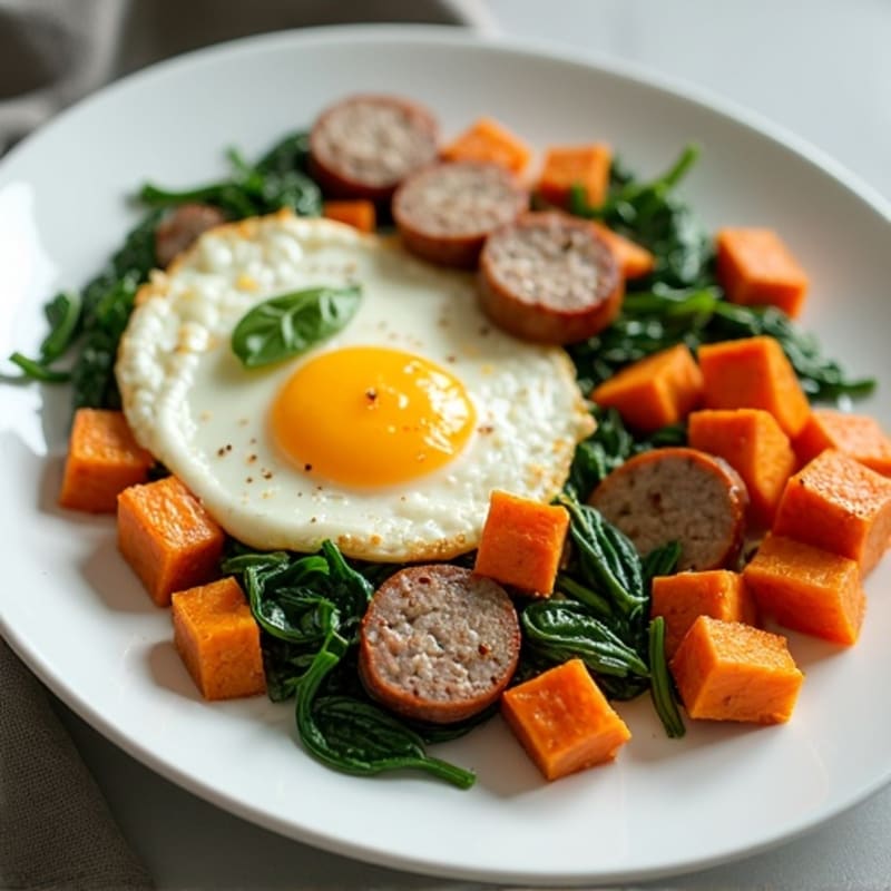 Egg White and Turkey Sausage Scramble with Spinach and Roasted Sweet Potato