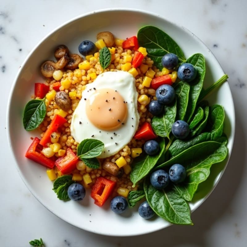 Egg White Veggie Scramble with Sautéed Spinach and Blueberries