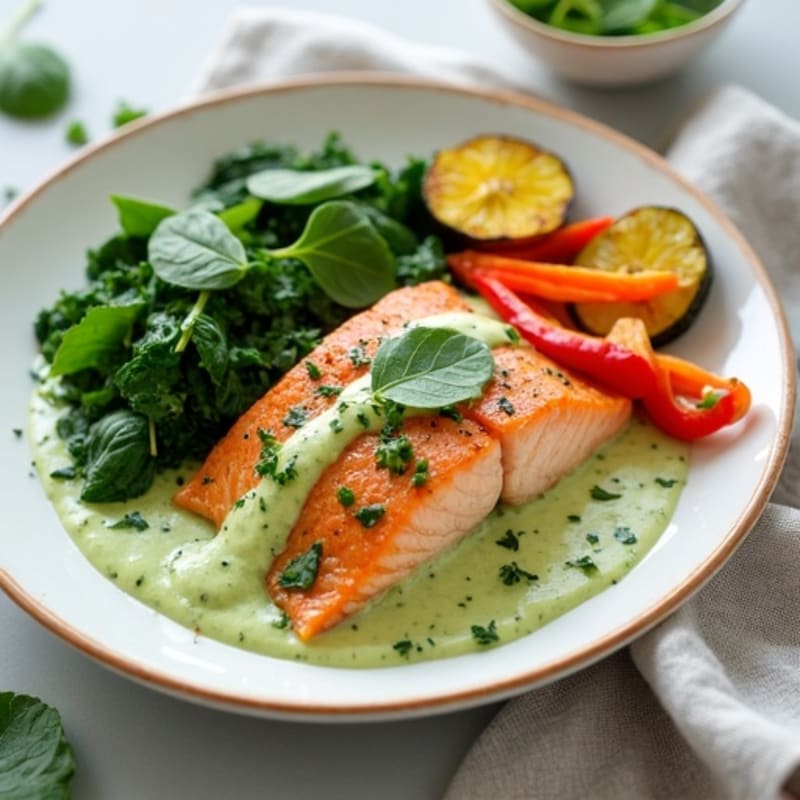 Baked Salmon with Creamy Avocado Spinach Sauce