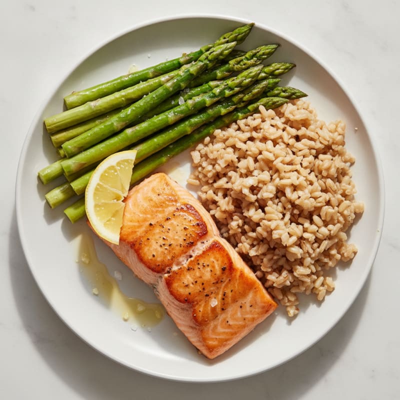 Seared Salmon Fillet with Steamed Asparagus and Brown Rice
