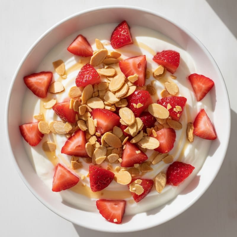 Creamy Protein Yogurt with Diced Strawberries and Crushed Almonds