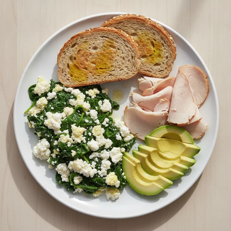 Egg White Spinach Scramble with Cottage Cheese and Sliced Turkey