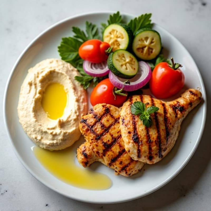 Grilled Chicken and Fresh Crispy Vegetables with Creamy Hummus